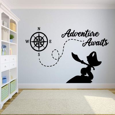 Adventure Awaits Pirates Pirate Quotes Compass Wall Sticker Art Decal for Girls Boys Kids Room Bedroom Nursery Kindergarten House Fun Home Decor Stickers Wall Art Vinyl Decoration Size (20x18 inch)
