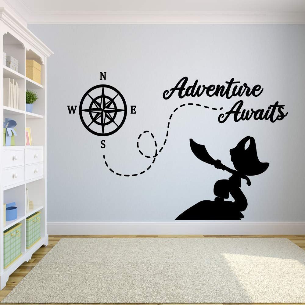 Adventure Awaits Pirates Pirate Quotes Compass Wall Sticker Art Decal for Girls Boys Kids Room Bedroom Nursery Kindergarten House Fun Home Decor Stickers Wall Art Vinyl Decoration Size (20x18 inch)