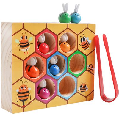 Toddler Fine Motor Skill Toy, Clamp Bee to Hive Matching Game, Montessori Wooden Bee Hive Toys, Wood Color Sorting Puzzle Early Learning Preschool Educational Gift for 3 4 5 Years Old Kids