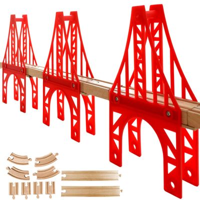Wooden Train Bridges, 3 Suspension Bridge, Wooden Train Track Accessories, Wood Train Track, Train Tracks Compatible with All Major Brands, Wood Toys for Girls & Boys