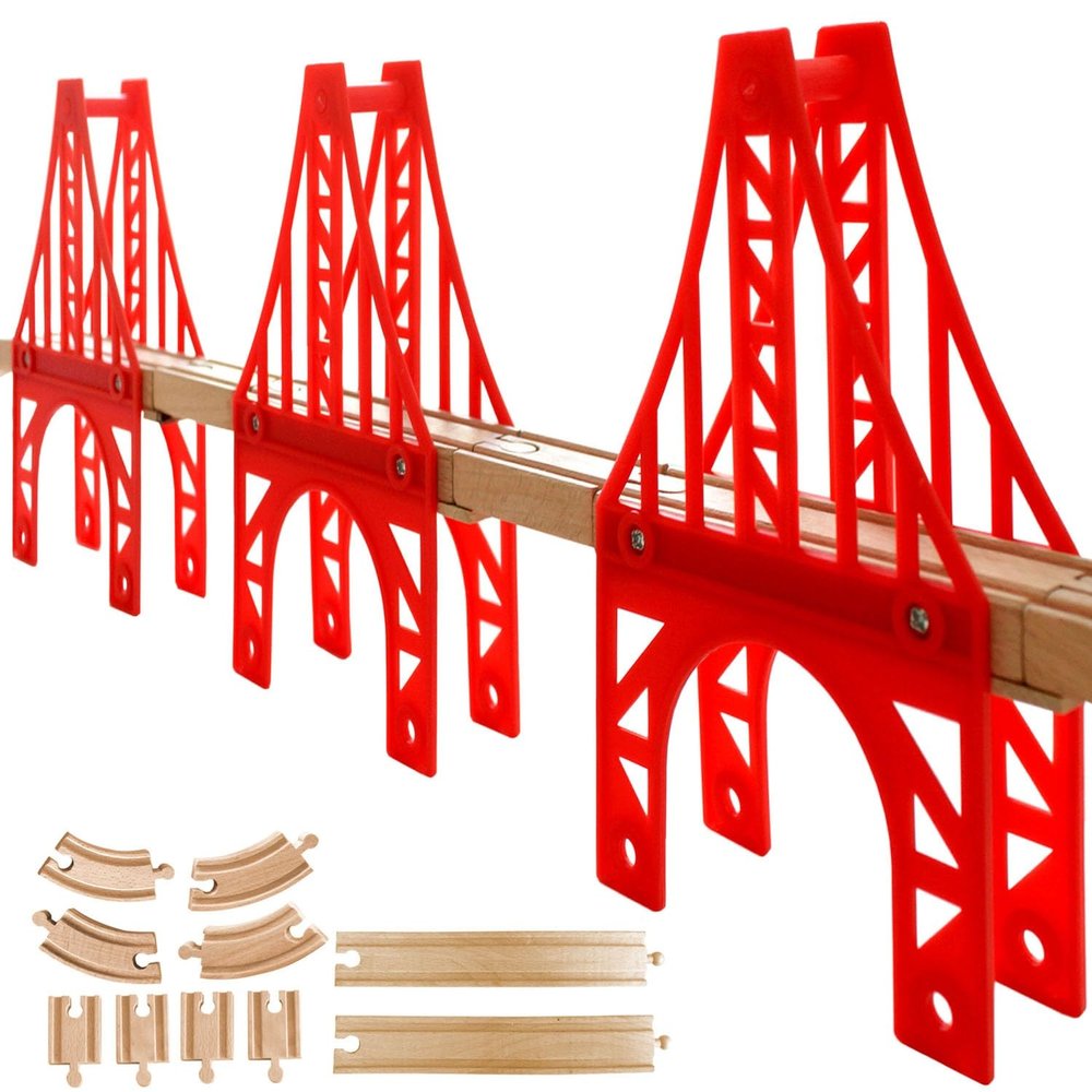 Wooden Train Bridges, 3 Suspension Bridge, Wooden Train Track Accessories, Wood Train Track, Train Tracks Compatible with All Major Brands, Wood Toys for Girls & Boys