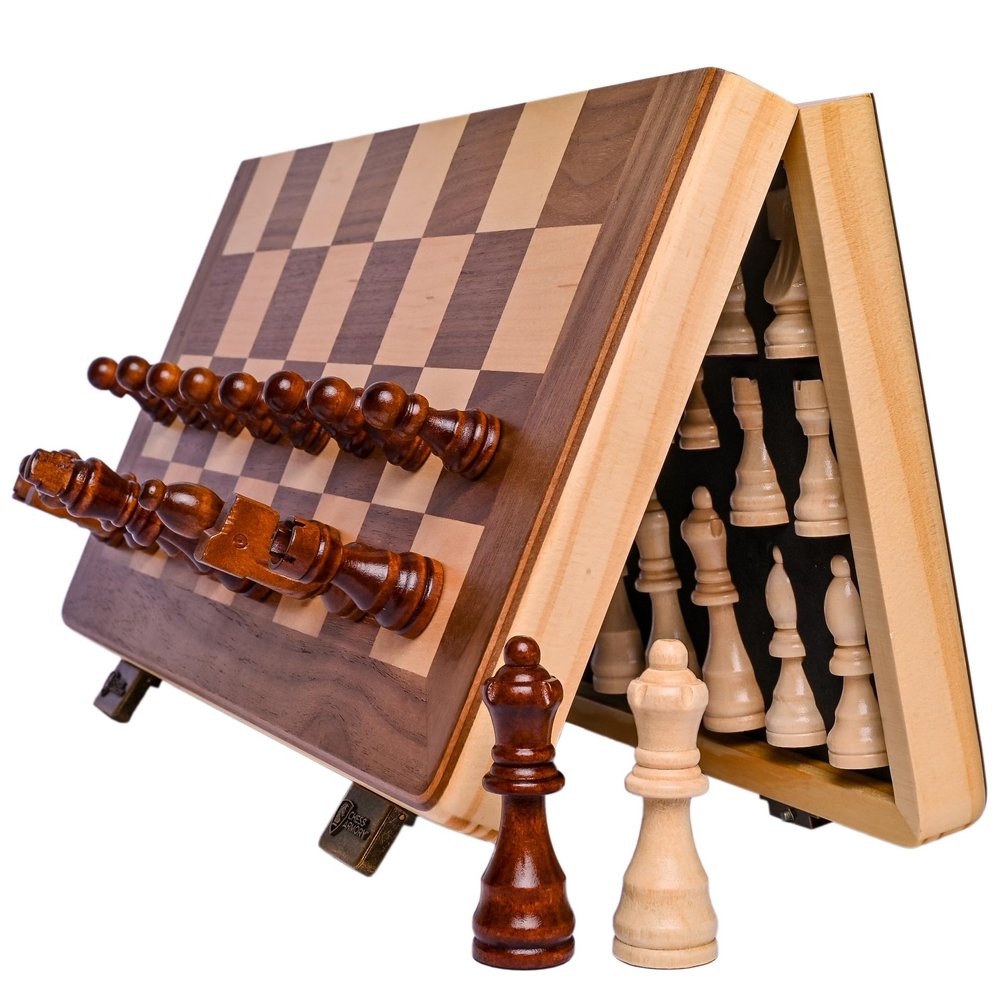 15 Inch Magnetic Wooden Chess Set for Adults & Kids - Folding Travel Chess Board with Handcrafted Staunton Pieces, Extra Queens, and Storage Slots