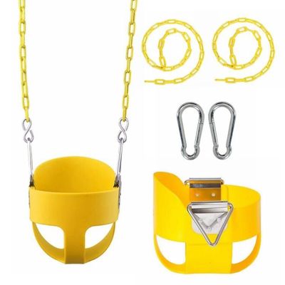BCGI Heavy Duty High Back Fully Adjustable Bucket Toddler Swing Seat with Yellow Plastic Coated Swing Chains and Carabiners for Outdoor, Backyard, Playground, Yellow