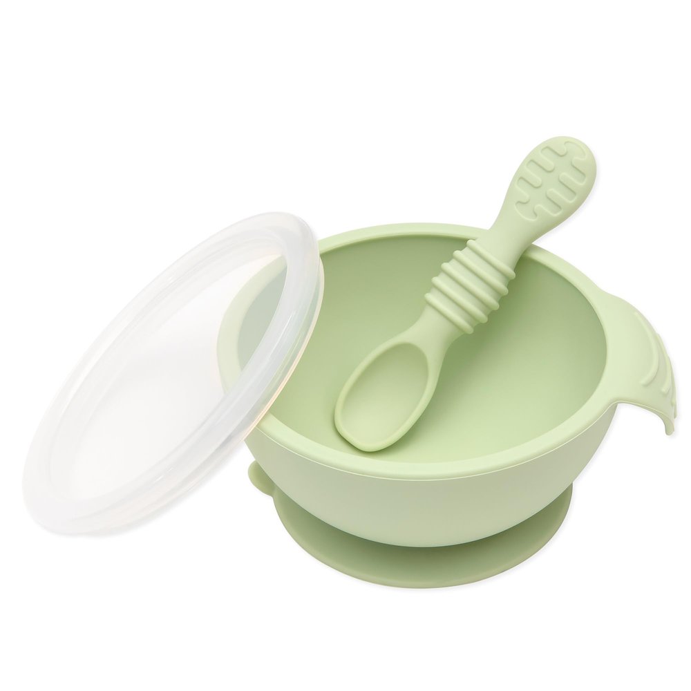 Bumkins Baby Bowl, Silicone Feeding Set with Suction for Baby and Toddler, Includes Spoon and Lid, First Feeding Set, Training Essentials for Baby Led Weaning for Babies 4 Months Up, Sage