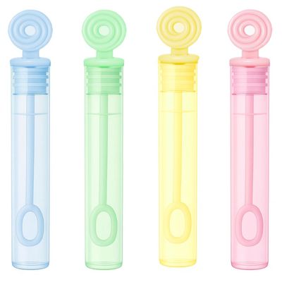 GIFTEXPRESS Bubble Wands Party Favors - 32 Pack Mini 4.25" Tall Assorted Color Swirl Flower Bubble Sticks - 0.2 Fl Oz / 5 mL Tube of Non Toxic Bubbles Solution for Kids
