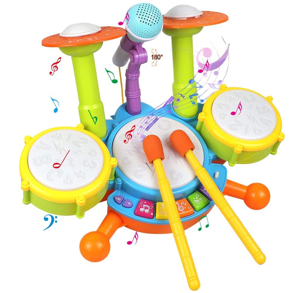POKONBOY Kids Drum Set for Toddler 1-3, Musical Instruments Learning Toys with 2 Drum Sticks Adjustable Microphone Birthday Gifts for Boys Girls 6 12 18 Month