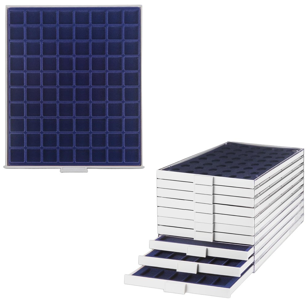 Prophila Coin Box Gray 80 Angular compartments for Coins up to 24 mm (3rd Empire), Blue Insert