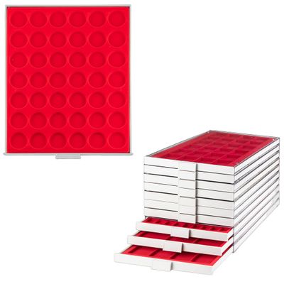Prophila Coin Box Gray 42 Round compartments for 2-URO-Coins in Capsules or Coins up to 32 mm, Blue Insert