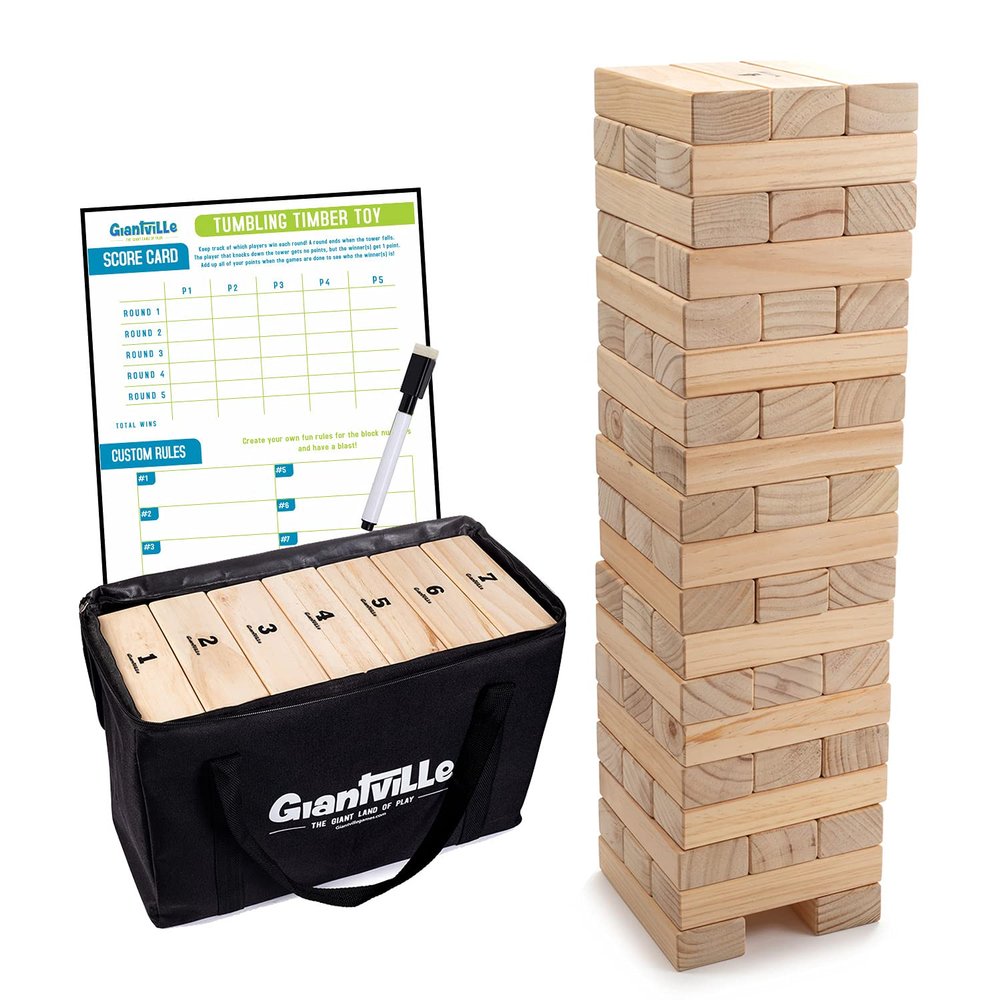 Giantville Giant Tumbling Timber Toy - STEAM-Credited Premium Pine Wood Blocks Tower - Indoor/Outdoor Yard Game for Kids & Adults - 56 Pieces + Carry Bag - Grows to Over 4 Feet