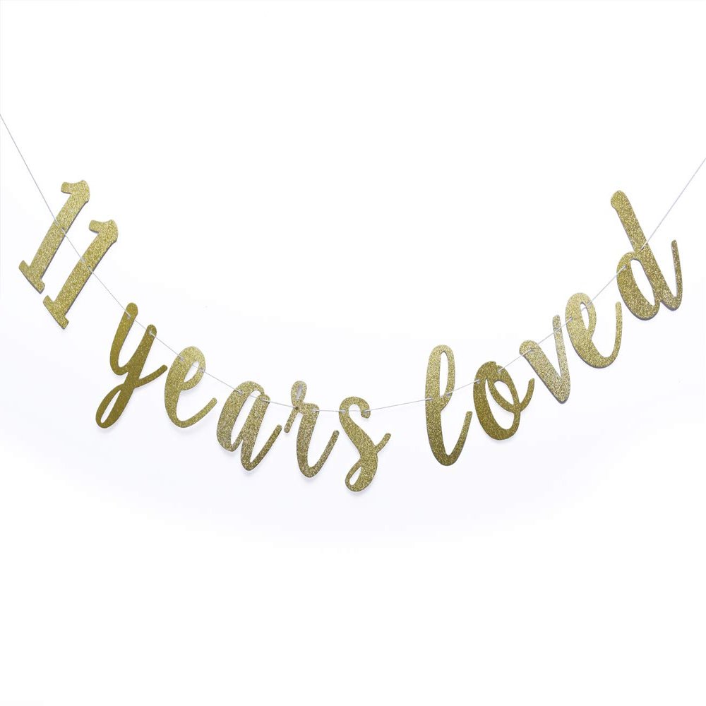 11 Years Loved Banner Sign Gold Glitter for 11th Birthday Party Decorations Anniversary Decor Pre-assembled Bunting Photo Booth Props