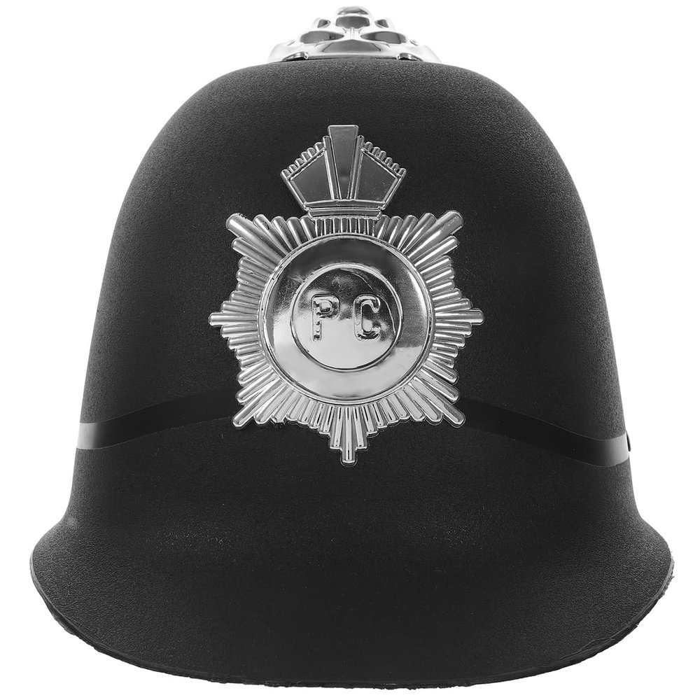 Amosfun British Police Helmet Badge Halloween Cosplay Plastic Hat Bobby Helmet Fancy Dress for Cosplay Dancing Party Stage Performance Black
