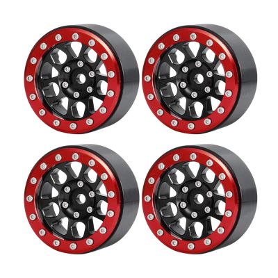 QUE-T Pack of 4 Beadlock Wheel Rims 1.9" Metal Rims for 1: 10 Scale RC Crawler TRX4 Axial SCX10 D90 (Black & Red)