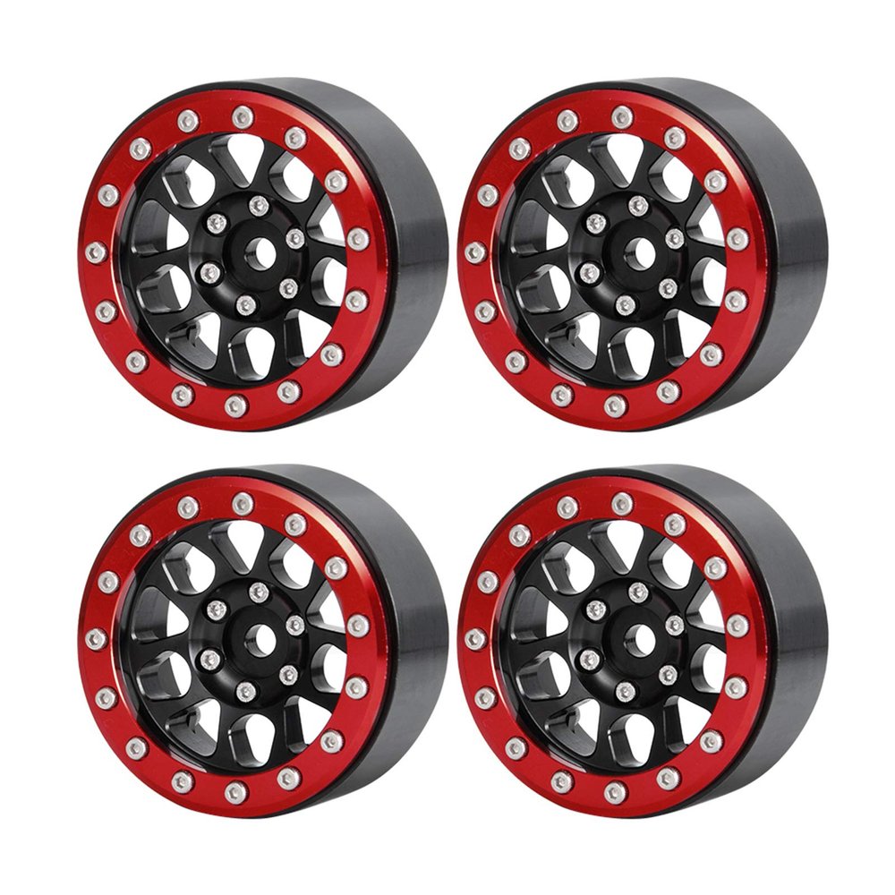 QUE-T Pack of 4 Beadlock Wheel Rims 1.9" Metal Rims for 1: 10 Scale RC Crawler TRX4 Axial SCX10 D90 (Black & Red)