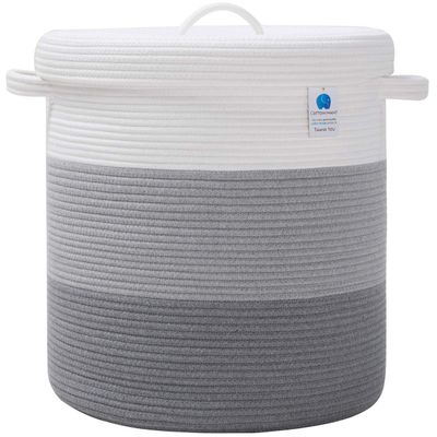16" x 16" x 18" Extra Large Storage Basket with Lid, Cotton Rope Storage Baskets, Laundry Hamper, Cloth Bin, for Clothes Towels Storage in Living Room, Light Grey/Grey with Cover