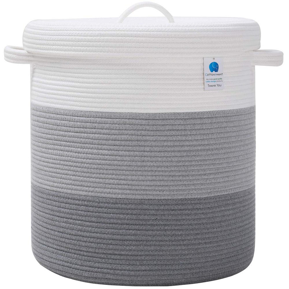 16" x 16" x 18" Extra Large Storage Basket with Lid, Cotton Rope Storage Baskets, Laundry Hamper, Cloth Bin, for Clothes Towels Storage in Living Room, Light Grey/Grey with Cover