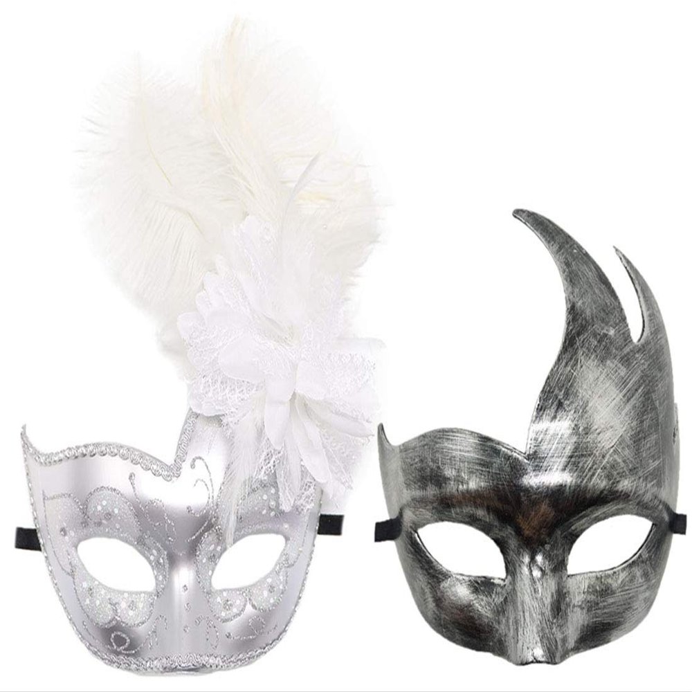 Coolwife Costume Mask Feather Masquerade Mask Halloween Mardi Gras Cosplay Party Masque (Couple Silver White)