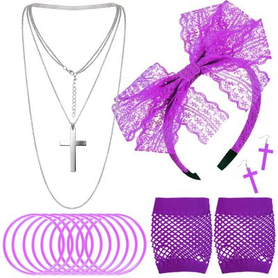 16 Pcs 80s Costume Accessories Women Lace Headband Earrings Fishnet Gloves Necklace Bracelet for 80s Retro Halloween(Purple)