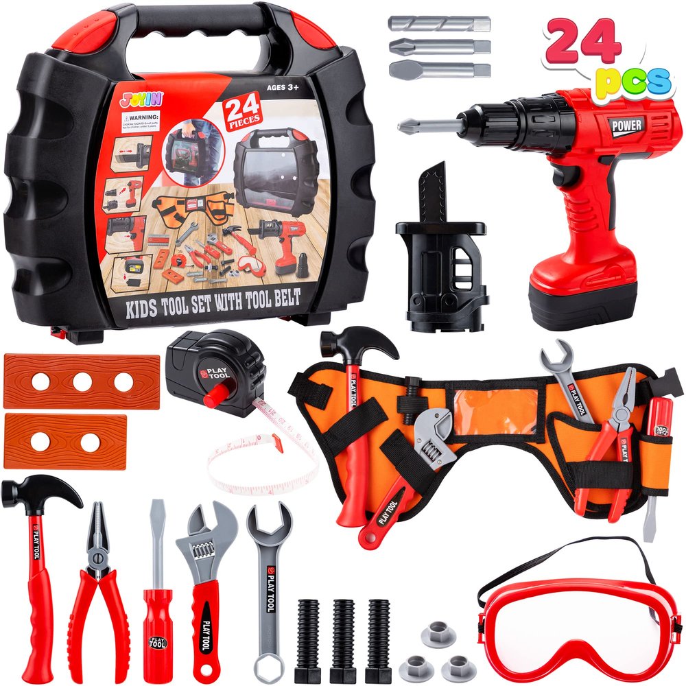 JOYIN 24Pcs Kid Tool Set, Pretend Toddler Tool Toy with Construction Worker Belt & Electric Toy Drill in Carry Case for Boy Girl Halloween Present Birthday Dress Up Party