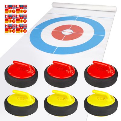 HearthSong Curling Zone  Indoor Battery Operated Hovering Curling Set  Fun Family Game for Kids and Adults  6 Curling Stones and Floor Mat  Olympic Sport Party Game Equipment  Age 3+