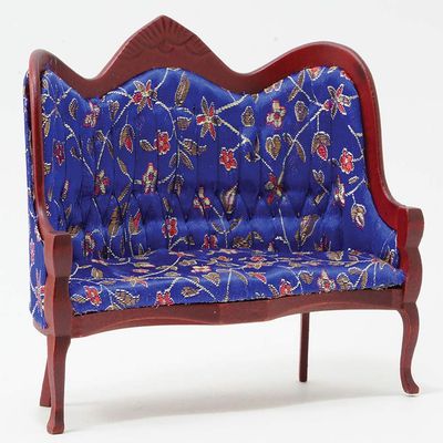 Classics by Handley Dollhouse Miniature Victorian Sofa, Mahogany with Blue Floral Fabric