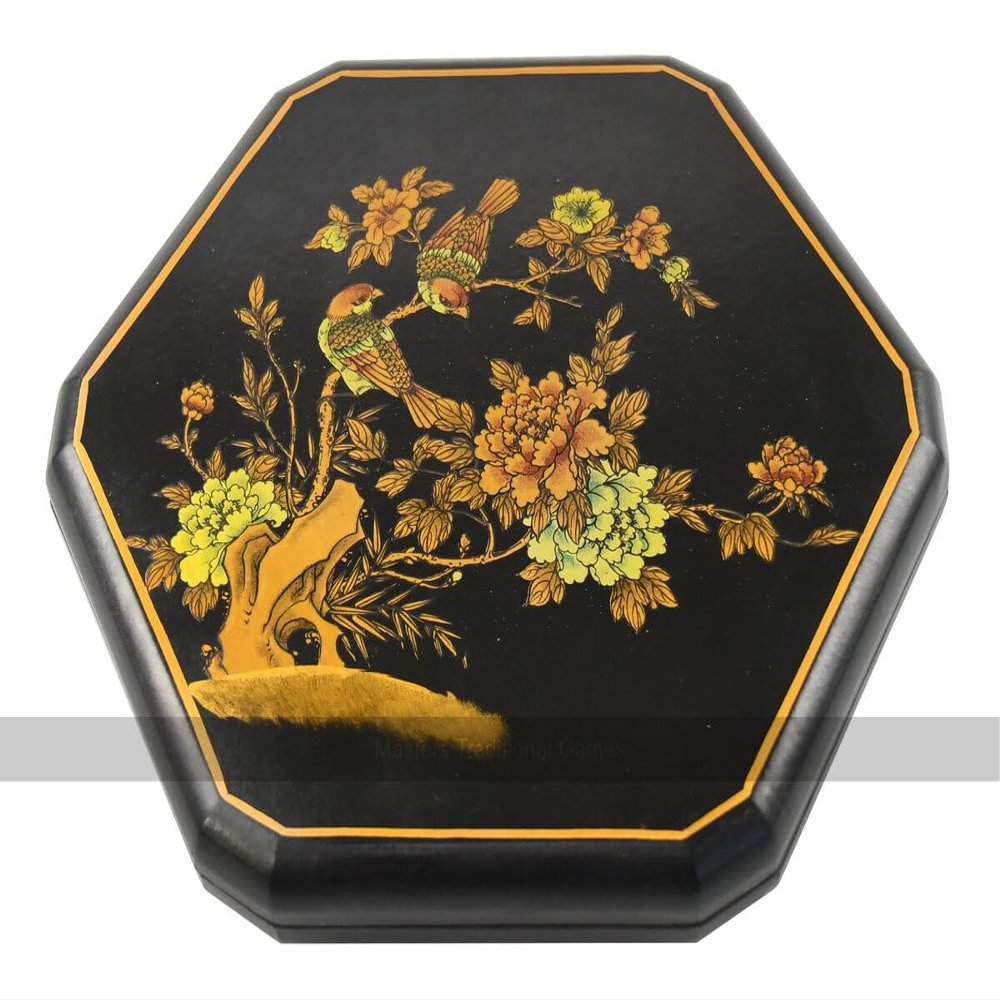 Chinese Checkers in Leatherette Box with Wooden Marbles (Birds and Flowers with Black Background Design)