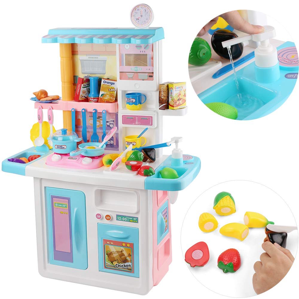 ECCRIS Toy Kitchen Playset with Pot Stove Sink Fridge Sound Light Kids Pretend Play Set
