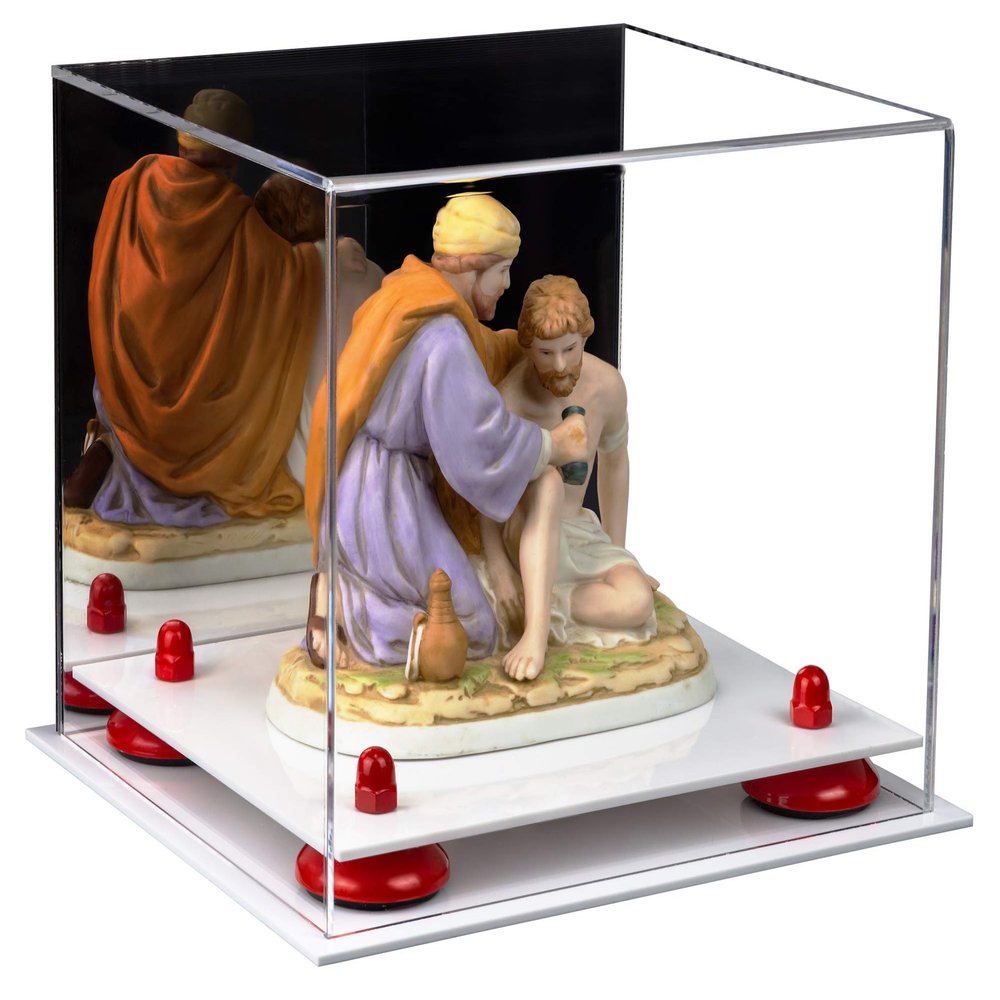 Better Display Cases Versatile Acrylic Display Case - Small Rectangle Box with Mirror, Red Risers and White Base 8.75" x 7.75" x 7" (A006-RR)
