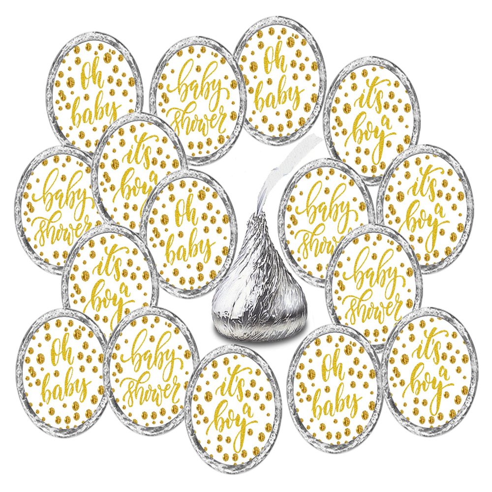 216 Gold Oh Baby Boy Kisses Labels for Baby Shower Or Baby Sprinkle Party Or Event, Its a Boy Kisses Stickers Decorations, Wrappers, Favors. Golden and White. Made in USA