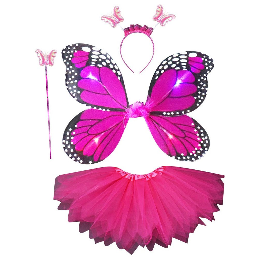 4PCS Girls Led Flashing Light Fairy Costume Butterfly Wing, Tutu,Wand, Headband Set for 3-8 Years Girls Birthday (2#)