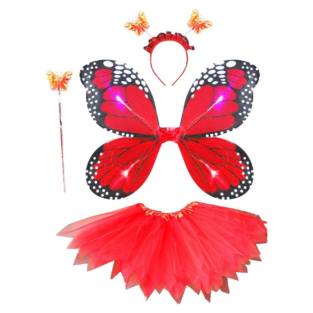 4PCS Girls Led Flashing Light Fairy Costume Butterfly Wing, Tutu,Wand, Headband Set for 3-8 Years Girls Birthday, Party, Halloween, Christmas (5#)