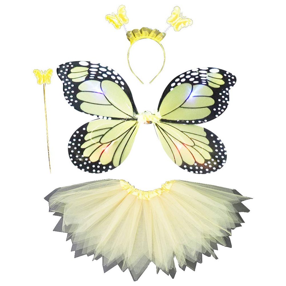 4PCS Girls Led Flashing Light Fairy Costume Butterfly Wing, Tutu,Wand, Headband Set for 3-8 Years Girls Birthday, Party, Halloween, Christmas (6#)