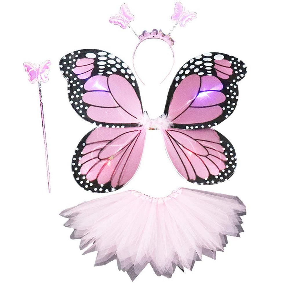 4PCS Girls Led Flashing Light Fairy Costume Butterfly Wing, Tutu,Wand, Headband Set for 3-8 Years Girls Birthday, Party, Halloween, Christmas (1#)