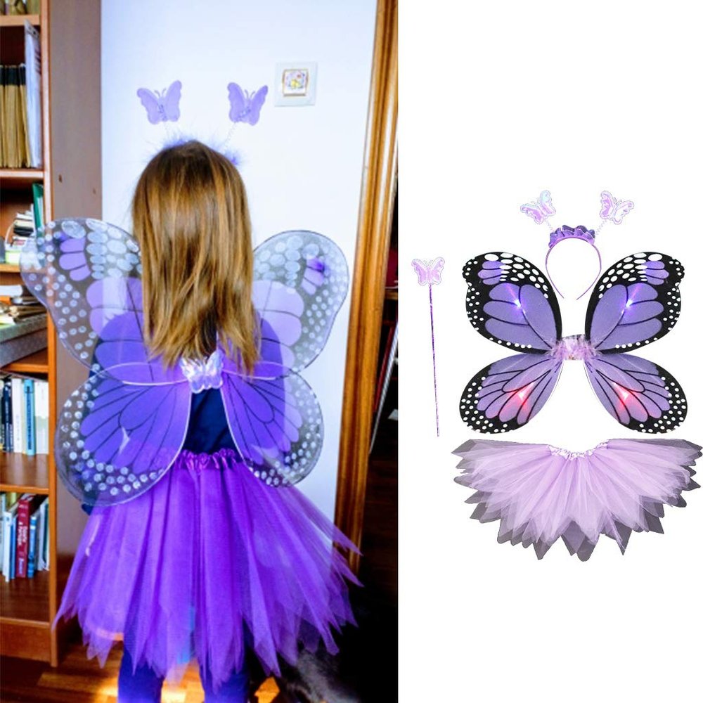 4PCS Girls Led Flashing Light Fairy Costume Butterfly Wing, Tutu,Wand, Headband Set for 3-8 Years Girls Birthday, Party, Halloween, Christmas (3#)