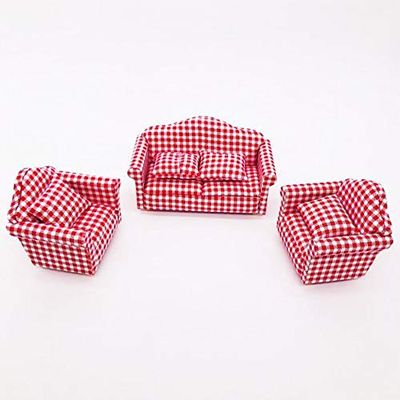 SXFSE Floral Sofa Cushion Armchair Fabric Chair, Dollhouse Miniature 3Pcs Wooden Couch with Pillow