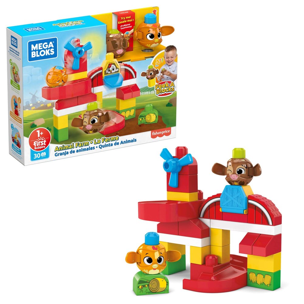 Mega Bloks Peek A Blocks Animal Farm Preschool Building Set with Slide