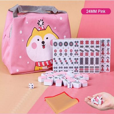 HenMerry Chinese Mahjong Set 144 Tiles Mahjong Accessories Handbag Tablecloth Chinese Classic Tile Mini Mahjong Travel Set 24MM Pink