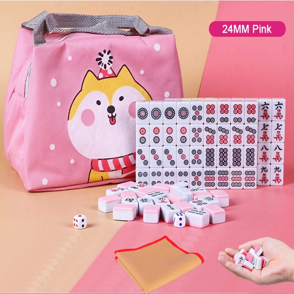 HenMerry Chinese Mahjong Set 144 Tiles Mahjong Accessories Handbag Tablecloth Chinese Classic Tile Mini Mahjong Travel Set 24MM Pink