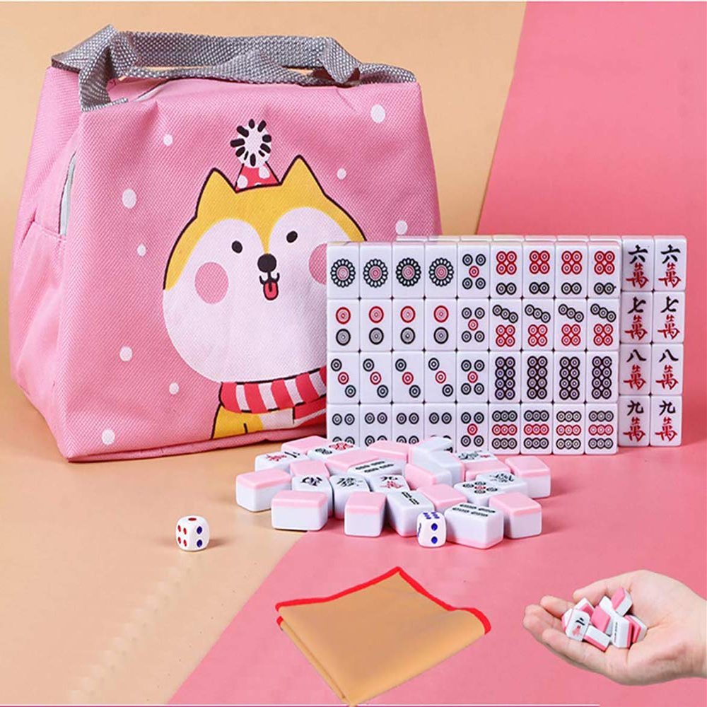 HenMerry Chinese Mahjong Set 144 Tiles Mahjong Accessories Handbag Tablecloth Chinese Classic Tile Games Mini Mahjong Travel Set 30MM Pink