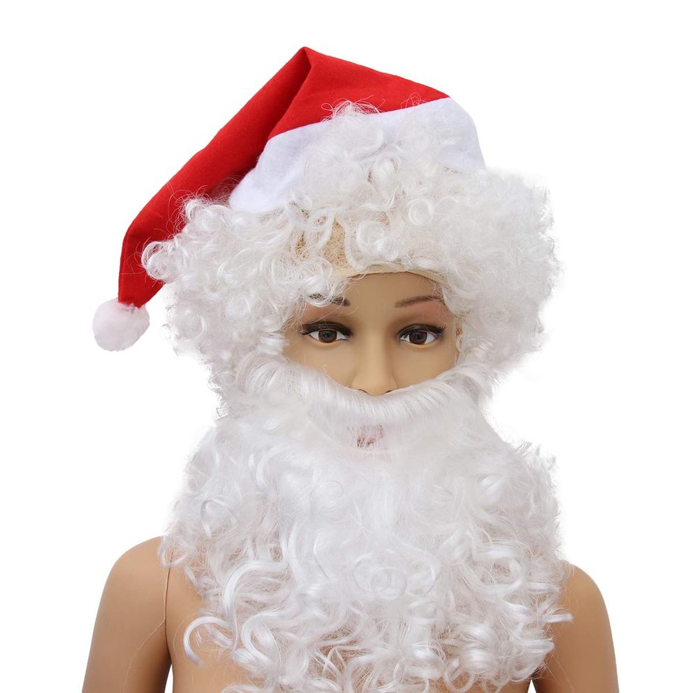 Amosfun Santa Wig and Beard Set Hat Santa Claus White Wig Fake Beard Fancy Dress-up Accessories for Christmas Cosplay Costumes