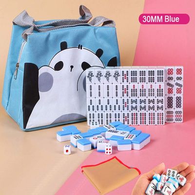 HenMerry Chinese Mahjong Set 144 Tiles Mahjong Accessories Handbag Tablecloth Chinese Classic Tile Games Mini Mahjong Travel Set 30MM Blue