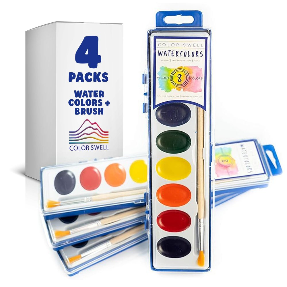 Color Swell Bulk 8 Color Watercolors with Wood Brushes - 4 Packs