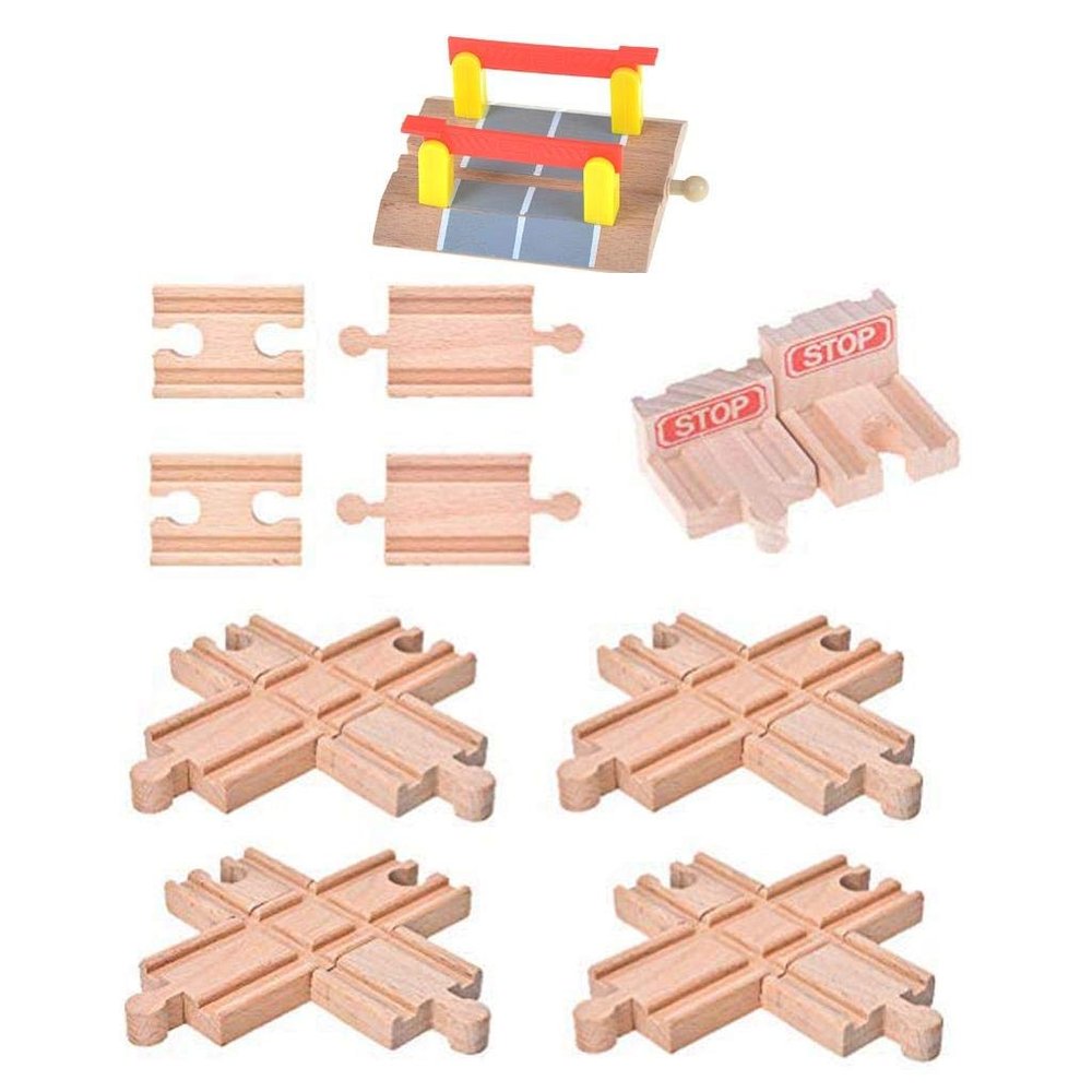 Haiabei 11 Pack Wooden Train Tracks Sets, Male-Female Bump Track, Crossing Bridge, Compatible with All Major Brands