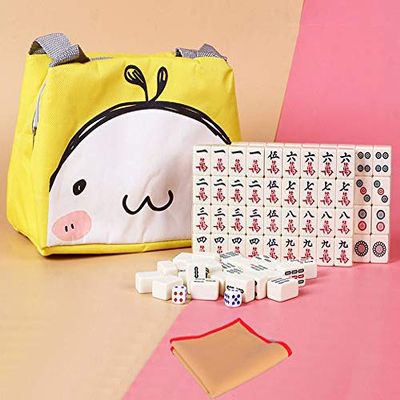 HenMerry Chinese Mahjong Set 144 Tiles Mahjong Accessories Handbag Tablecloth Chinese Classic Tile Games Mini Mahjong Set 30MM Ivory