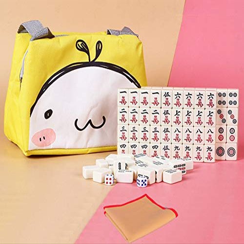 HenMerry Chinese Mahjong Set 144 Tiles Mahjong Accessories Handbag Tablecloth Chinese Classic Tile Games Mini Mahjong Set 30MM Ivory