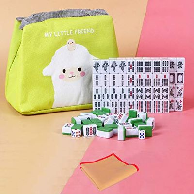 HenMerry Chinese Mahjong Set 144 Tiles Mahjong Accessories Handbag Tablecloth Chinese Classic Tile Games Mini Mahjong Set 30MM Green