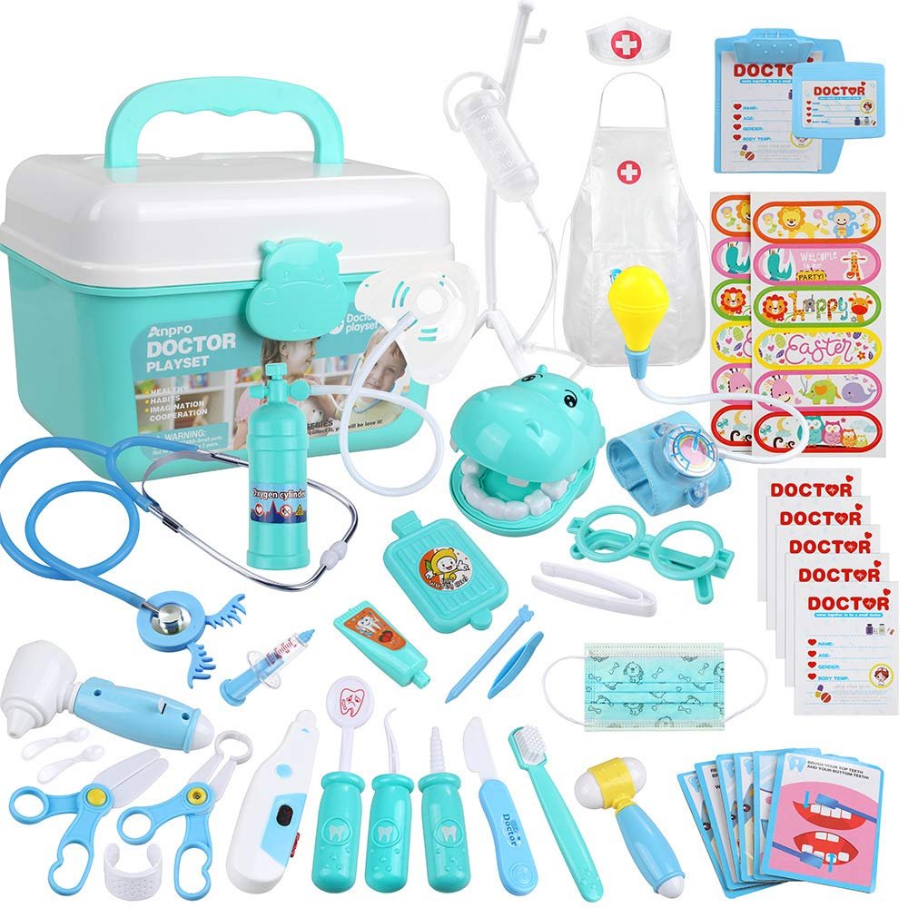 Anpro 46Pcs Medical Toy Kids Doctor Pretend Play Kit, Pretend Play Set with Stethoscope for Kids Doctor Role Costume Dress-Up, Birthday Gifts
