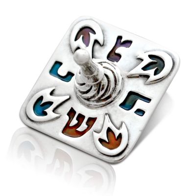 Colorful enamel 925 Sterling silver Dreidel with Custom Finish enamel and Hebrew letters