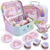JOYIN Unicorn Tea Party Set for Little Girls, Pretend Pink Tin Teapot Set, Princess Tea Time Play Kitchen Toy with Teapot, Cup, Plate, Carrying Case for Kids Toddlers Age 3 4 5 6, Easter Birthday Gift view 1