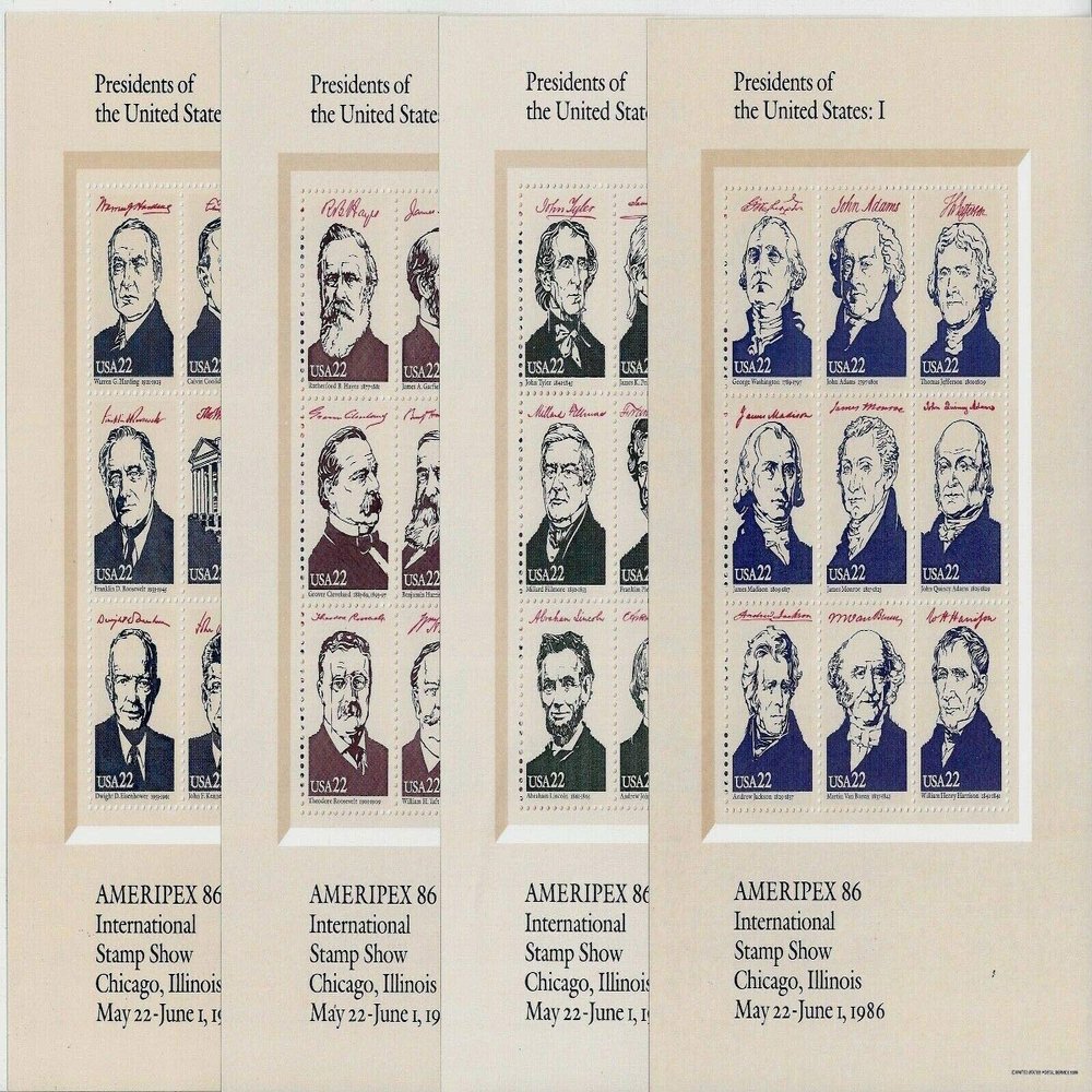 1986 Ameripex '86 4 Sheets 22 US Postage Stamps Scott #2216-19