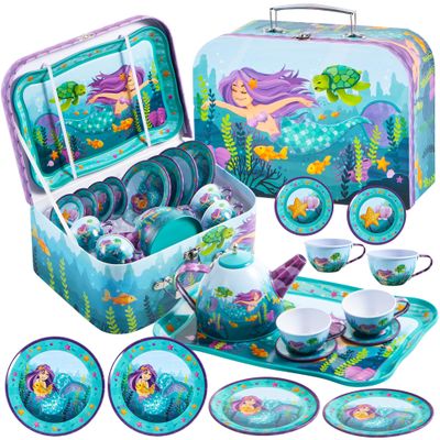 JOYIN Mermaid Tea Party Set for Little Girls, Pretend Tin Teapot Set, Princess Tea Time Play Kitchen Toy with Teapot, Cups, Plates, Carrying Case for Easter Birthday Gifts Kids Toddlers Age 3 4 5 6